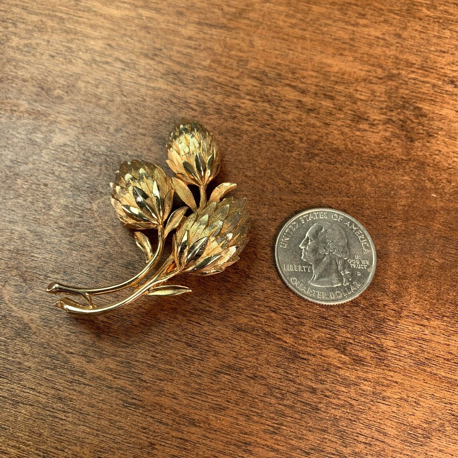 Vintage Pin Brooch of a Rose Bud Stem and Leaf Pin Gold Tone