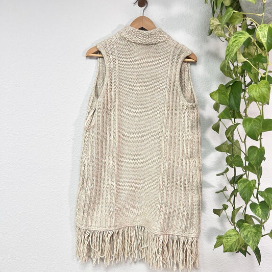 CHICO'S Sweater Women's Size Small Tan Neutral Boho Fringe FRAN Open Vest