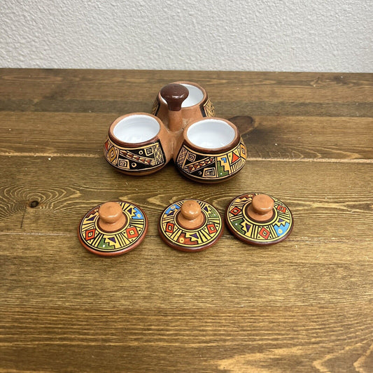 Vintage Peruvian Folk Art Red Clay Hand Painted Triple Spice w/Lids