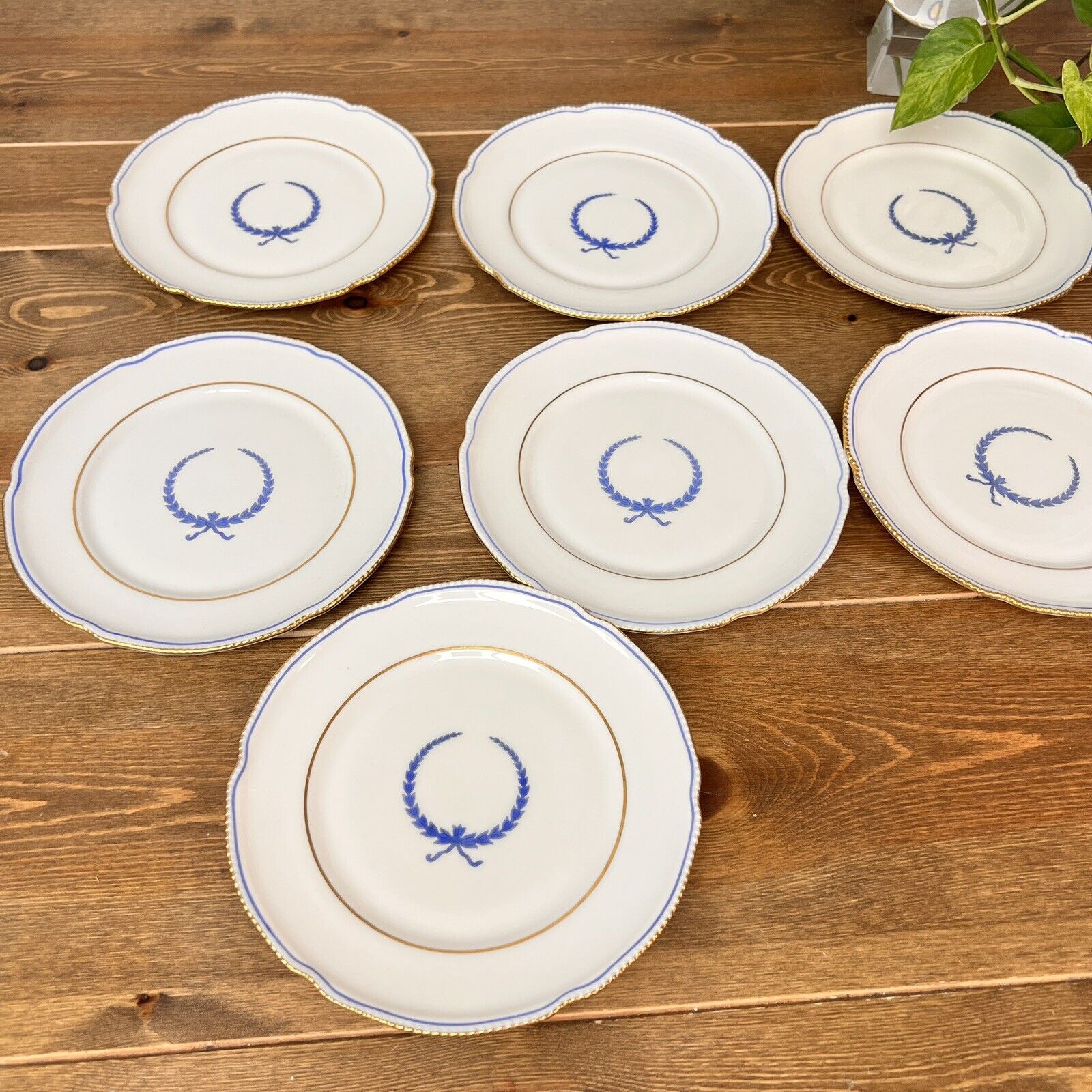 Castleton China  EMPIRE Salad Plates Blue Wreath Gold Trim Vintage Set Of 8 USA