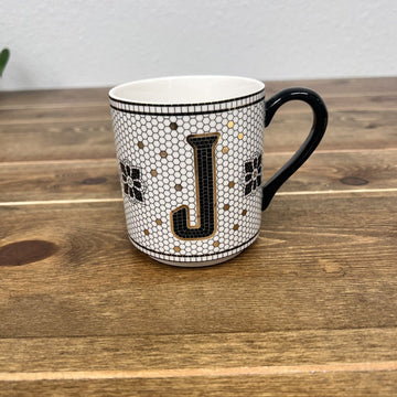 Anthropologie Margot Mug Mosaic Tile Monogram 15 fl oz Cup Gold Black Letter J