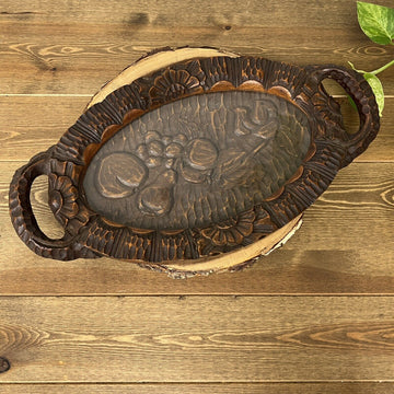 Vintage Hand Carved Wood Handled Oval Tray