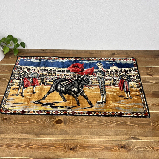 Vintage Velvet Bull Fighter Matador Wall Hanging Rug 37" x 20" Made In Italy