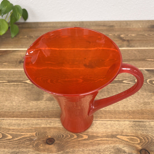 Vintage Ruby Red Hand Blown Art Glass Pitcher Applied Handle Bishoff Glass