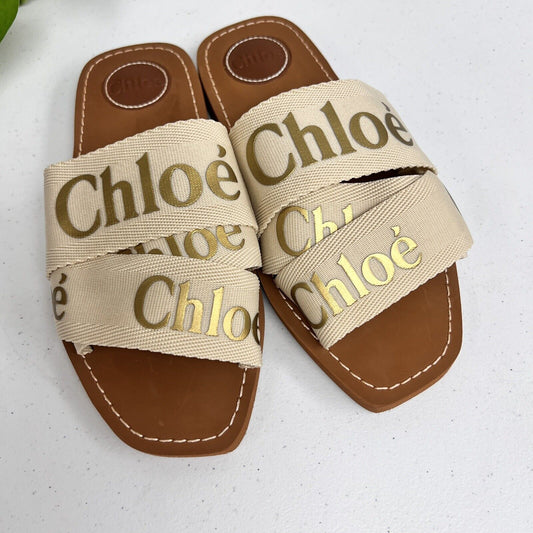 Chloe Woody Flat Logo Ribbon Slide Mule sandals Sz 38