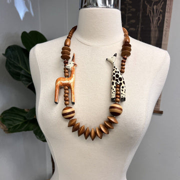 Tribal/ Safari Hand Carved Wooden Antelope , Zebra & Beads Necklace Vintage