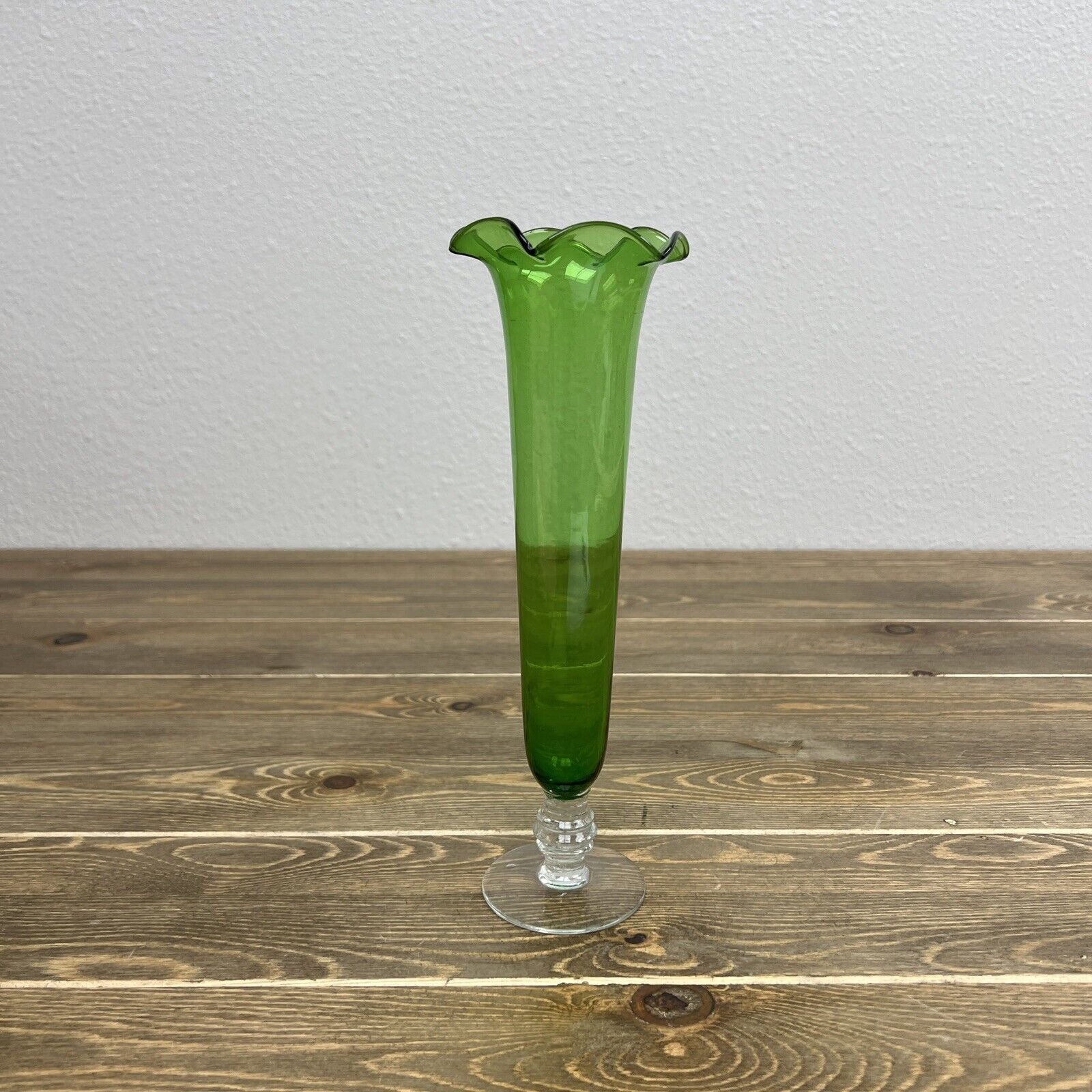 Green Ruffled Edge Etched Glass Vase With Clear Base