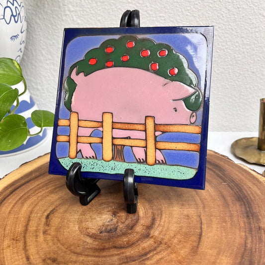 Tile Hand Painted Pig with Apple Tree Original Art  Made In Italy