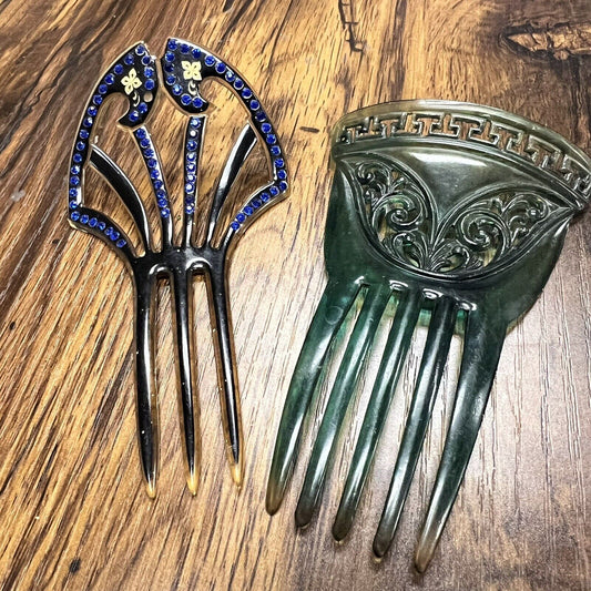 Antique Vintage 1920’s Deco Celluloid Blue Rhinestone & Green Ornate Hair Comb