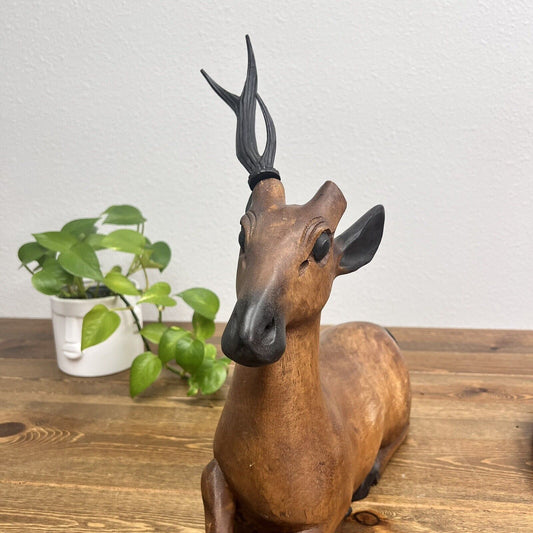 Vintage Hardwood Hand Carved Wood Deer Buck Stag Sculpture Cabin Decor READ