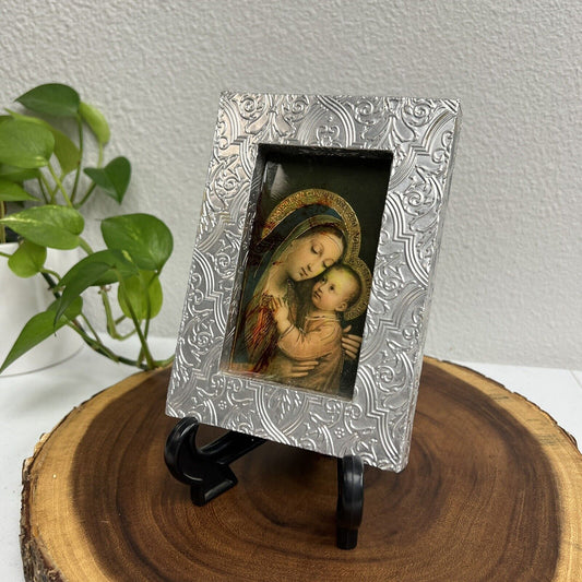 Madonna and Child Religious Jesus Silver On Wood Frame