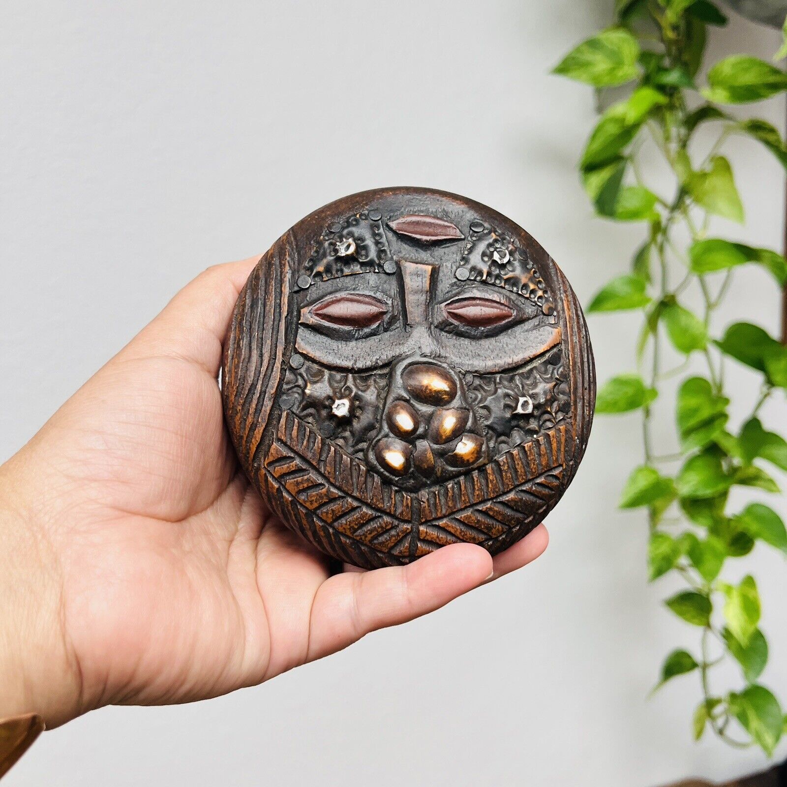 African Mask Carved Wood Dish Tribal Face Bowl Trinket Covered Handmade Vintage