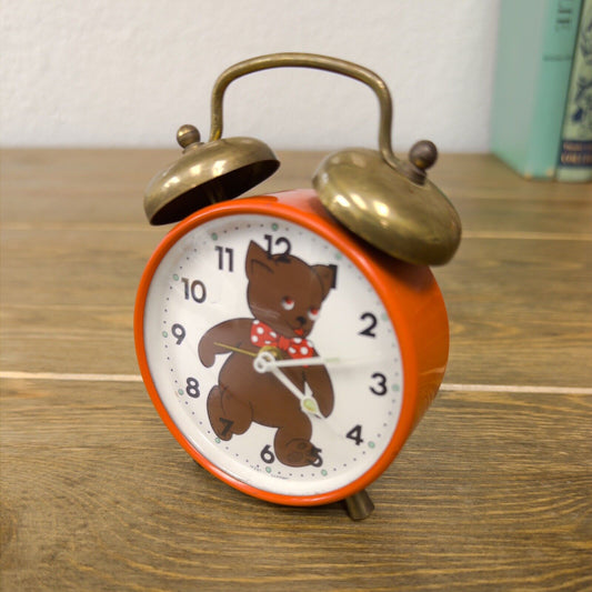 Vintage Teddy Bear Wind Up Metal Alarm Clock West Germany with Moving Eyes Red