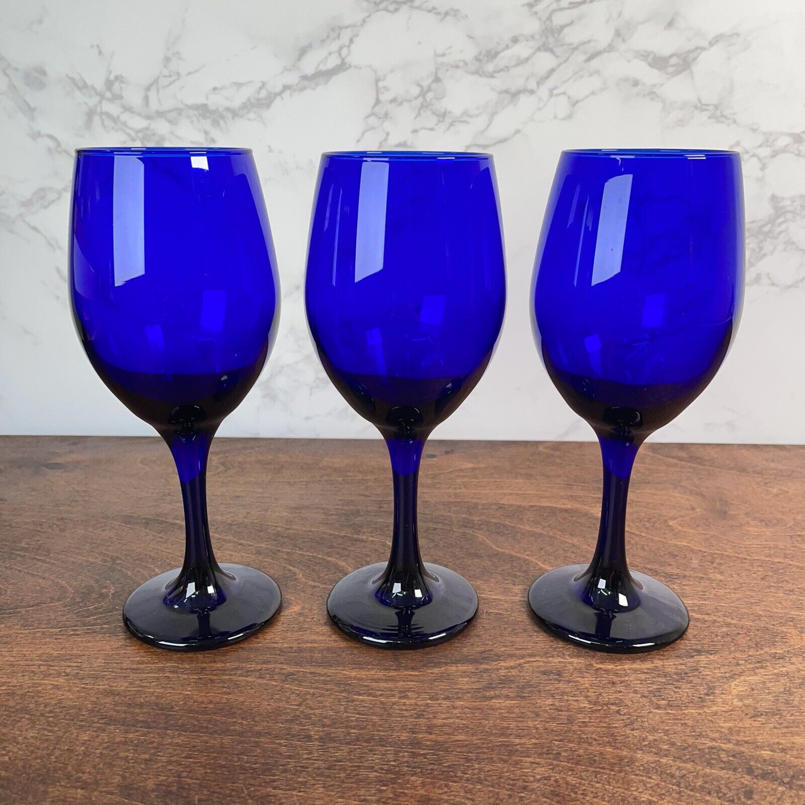 Set of 3 Vintage Cobalt Blue Stemware Wine Glass 8 1/4"