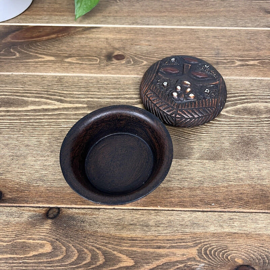 African Mask Carved Wood Dish Tribal Face Bowl Trinket Covered Handmade Vintage