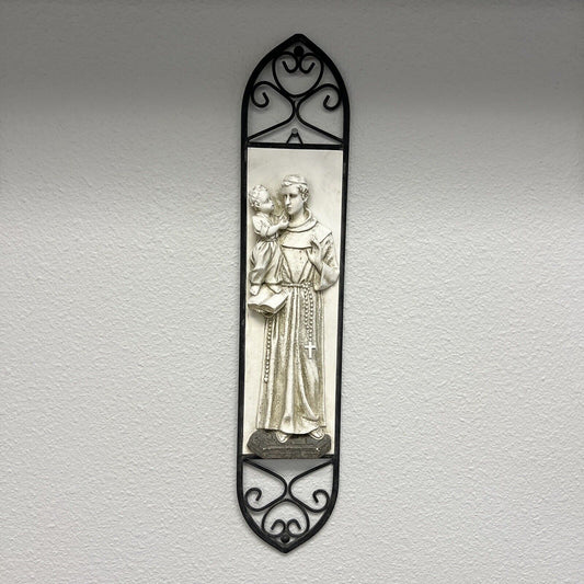 Vintage Wall Plaque Saint Anthony Plaster with Cast Iron Frame