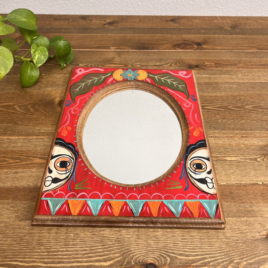 VTG Signed Mexican Folk Art Hand Painted Wood Frame Wall Mirror