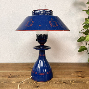 Blue Tole Metal Table / Desk Toleware Lamp with Glass Chimney