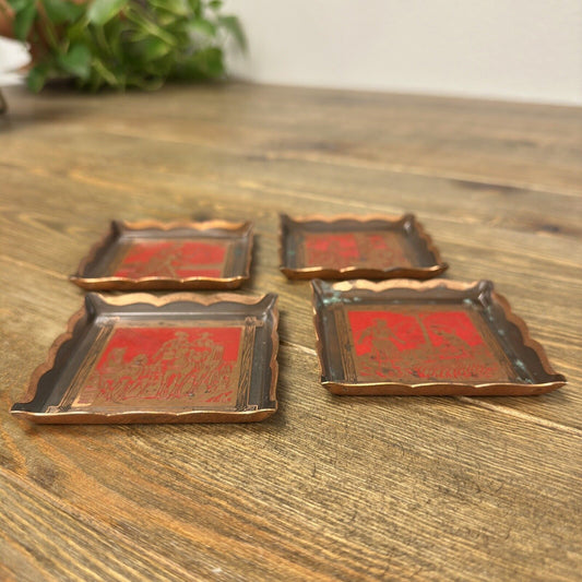 Missions of California Vintage Art Copper Small Trinket Trays Set of 4