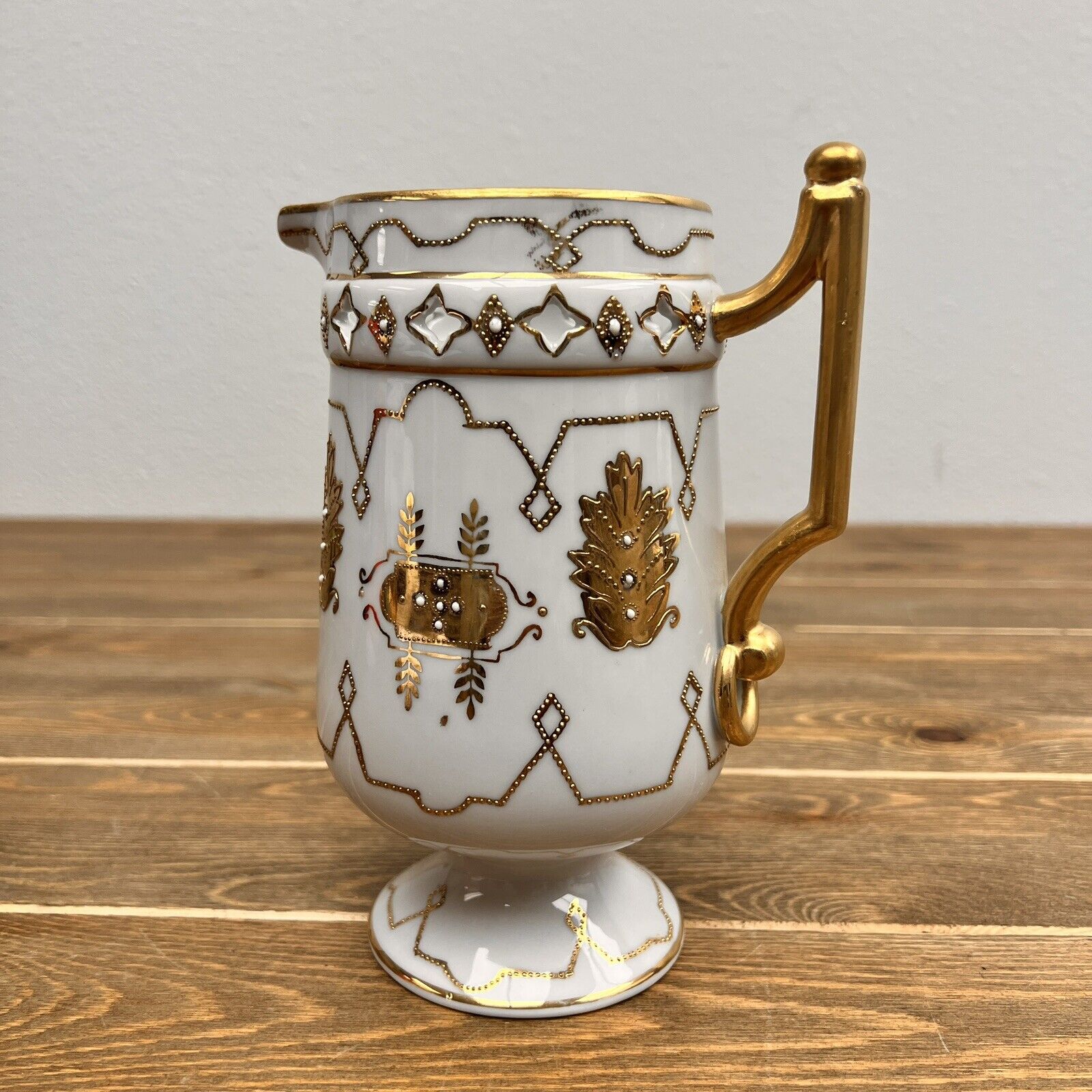 Vintage UCAGCO White and Gold Moriage  Footed Pitcher