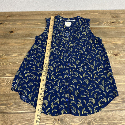 Maeve Anthropologie Banana Print Sleeveless Blouse Blue Yellow Size 0