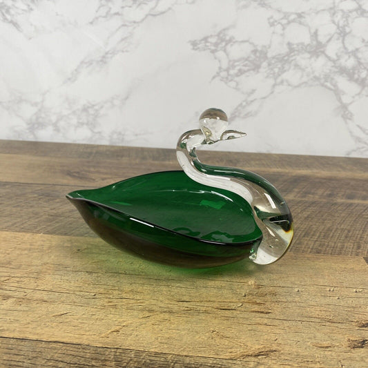 Art Glass Swan Green Clear Trinket Dish Candy Nut Decorative