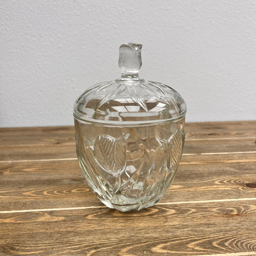 Clear Candy Dish w/ Lid Embossed Tulips & Leaves