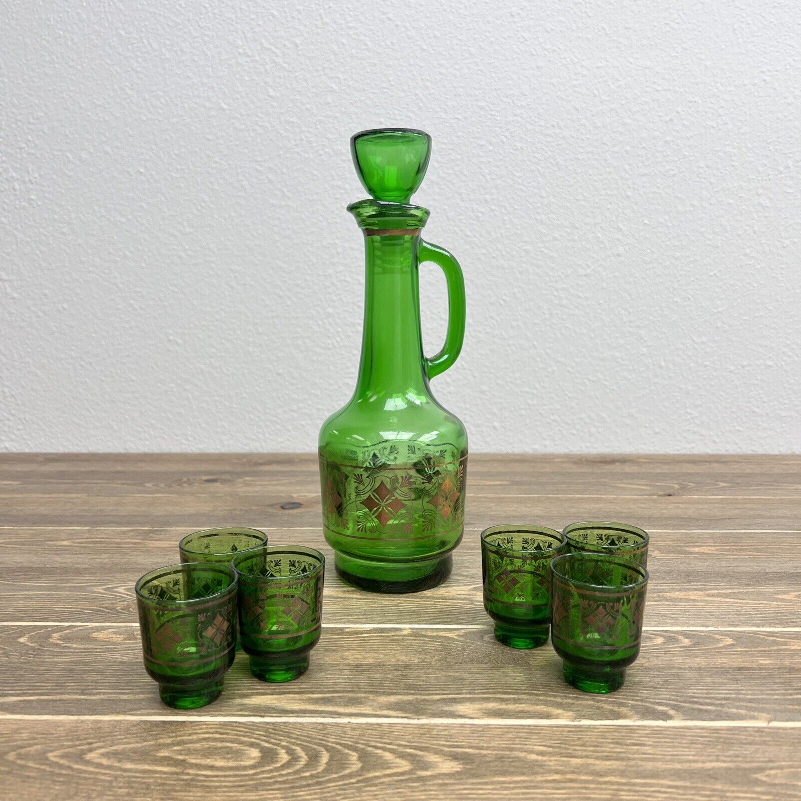 Vintage Jewel Tone Green and Gold Lidded Italian Decanter & 6 Glasses