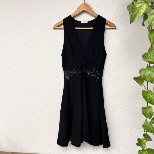 Sandro Dress 36 Elena Black Sleeveless V Neck Sheer Lace Panel Fit Flare