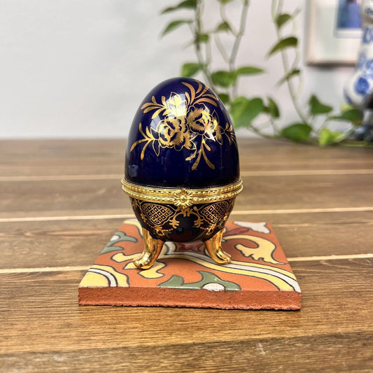 Vintage Porcelain Egg Jewelry Trinket Box Cobalt Gold Plated