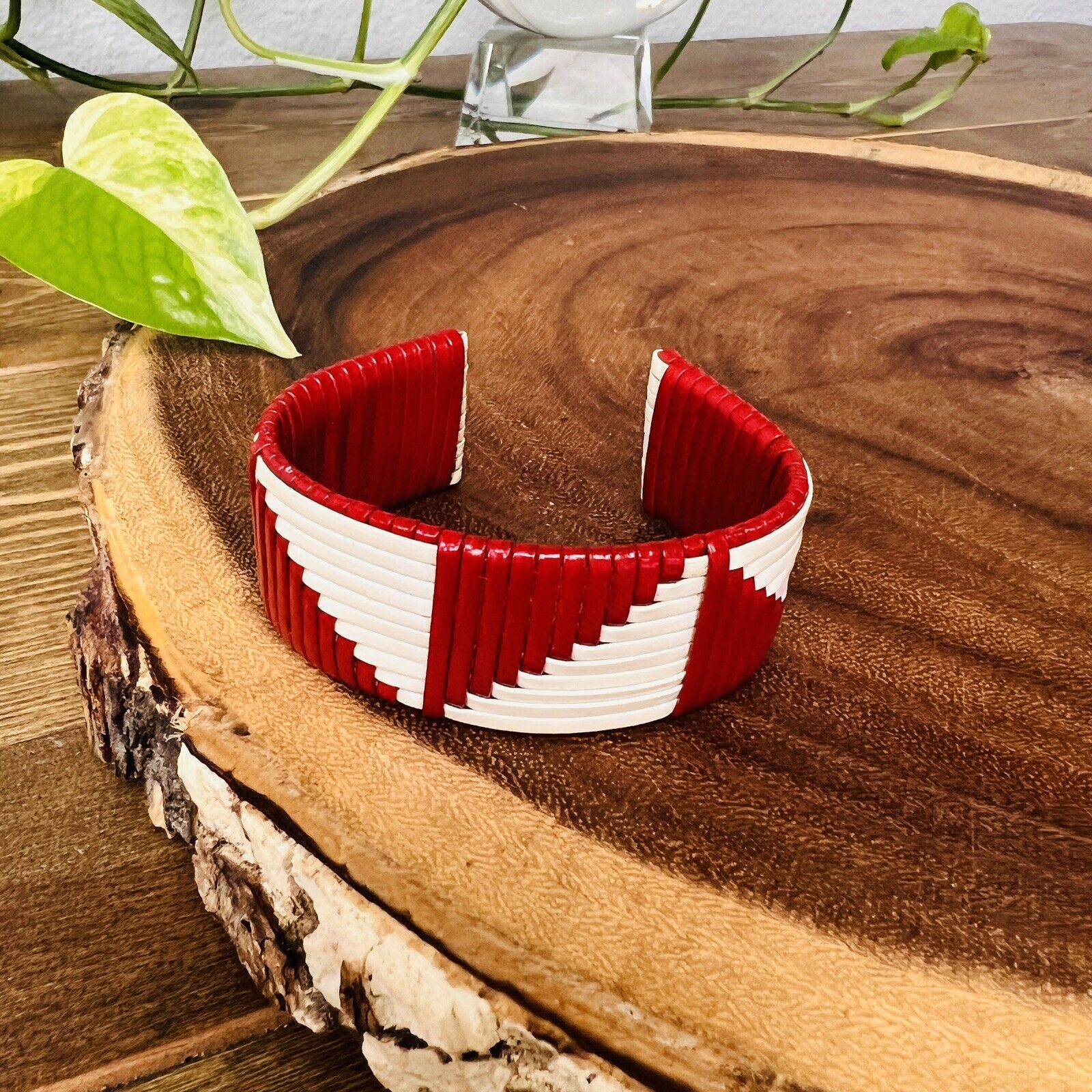 Vintage Handwoven Gimp Bracelet Red & White Cuff Bracelet Handmade Native