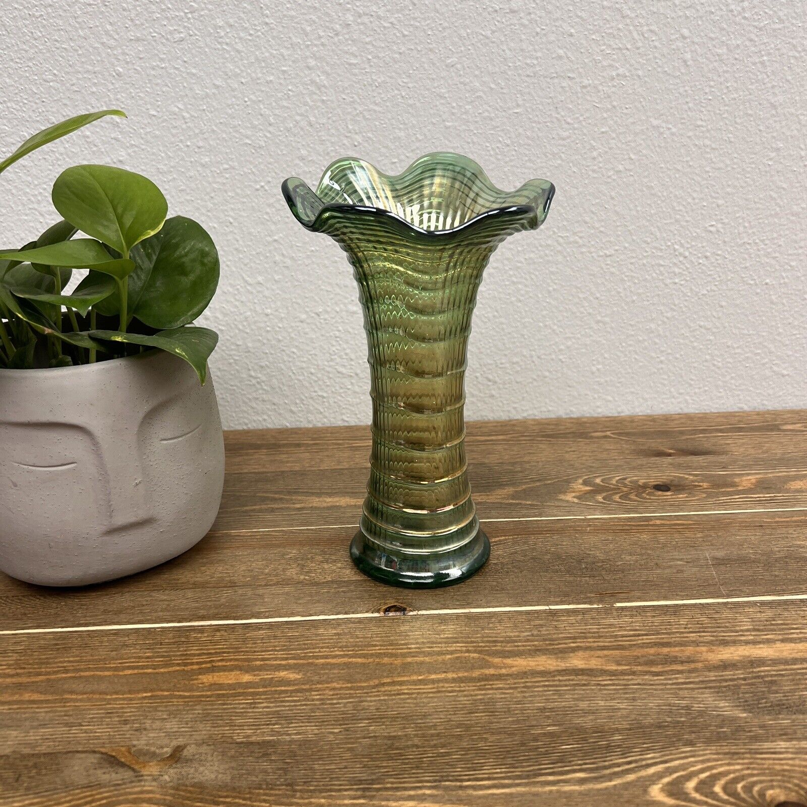 Vintage Imperial Ripple Green Carnival Glass Vase