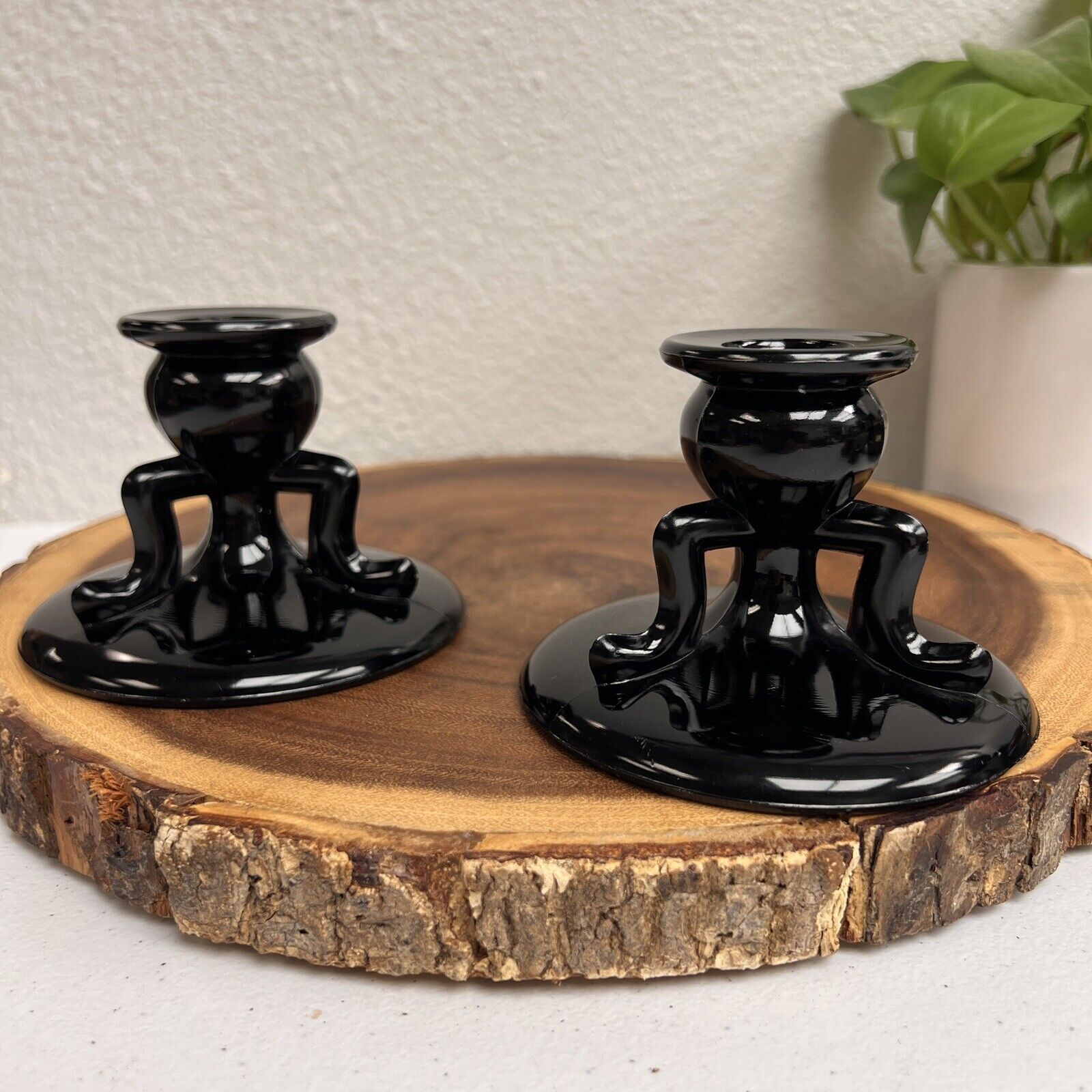 Vintage Black Depression Glass Art Deco Footed Candle Stick Holders Set of 2