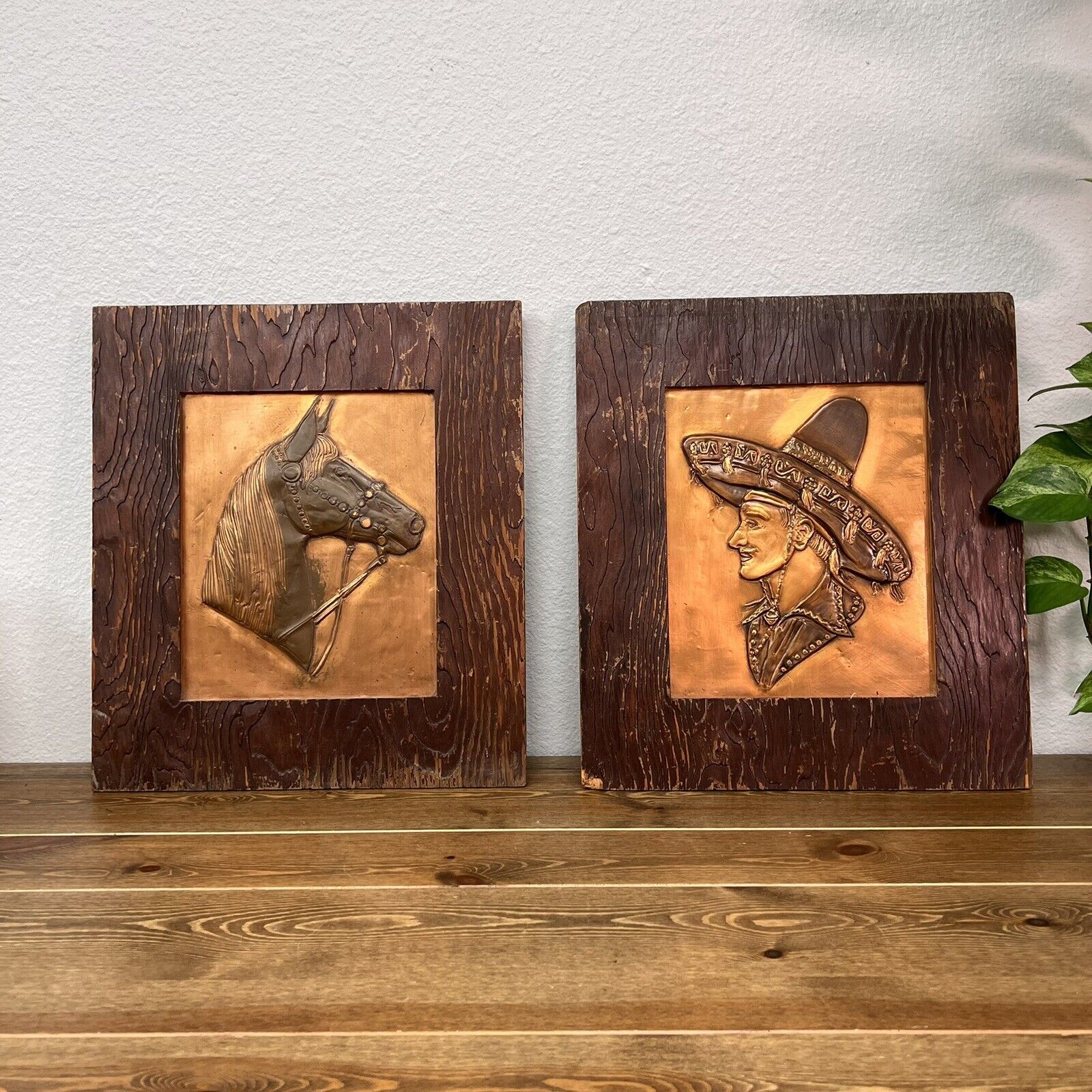 Vintage Hand Pressed Copper Horse Head & Vaquero Embossed Framed Art 15x17"