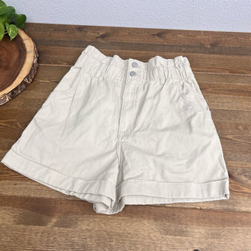 Beige Paperbag Waist High Rise Cuffed Hem 100% Cotton Shorts Pockets H&M Sz 6