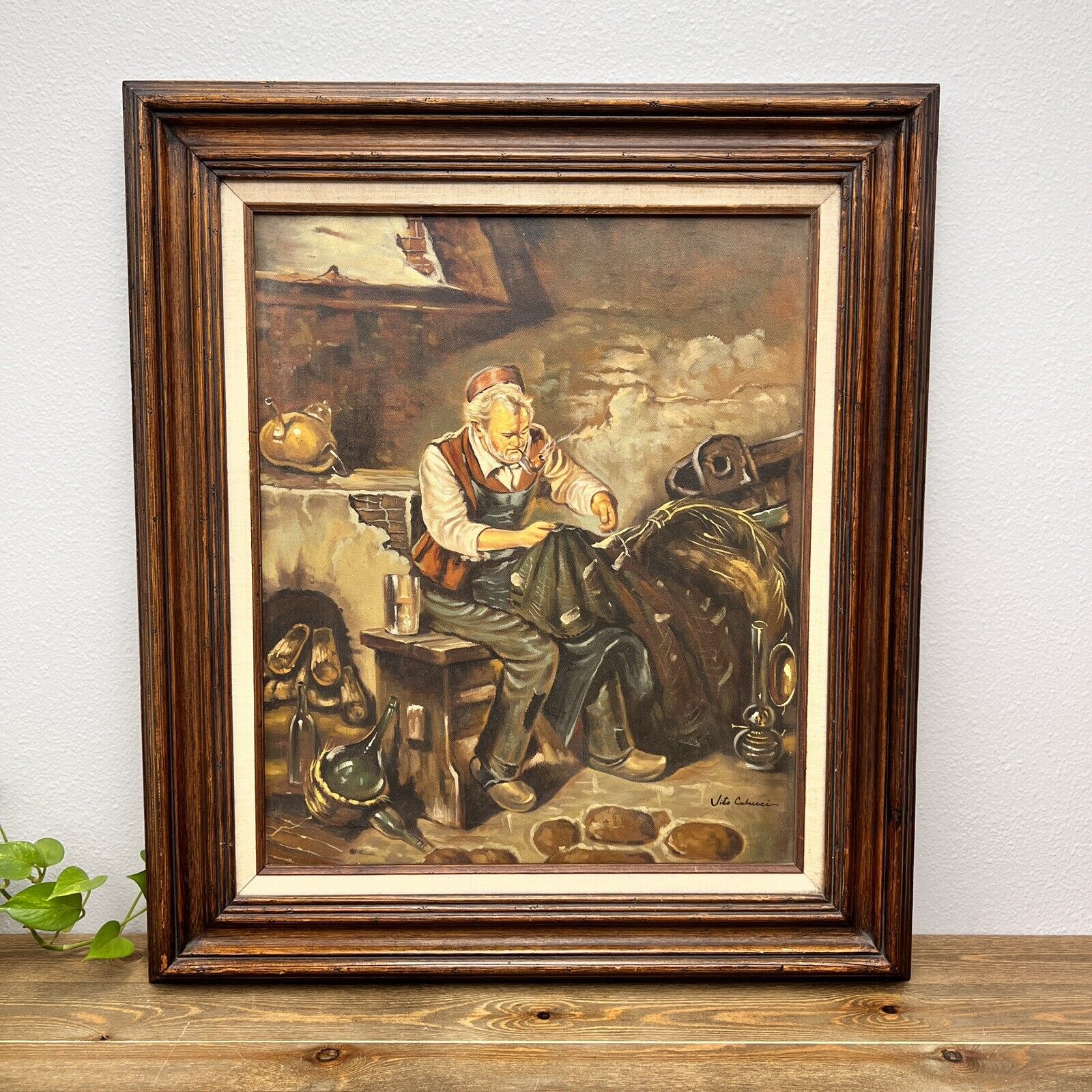 Vintage Vito Calucci Signed Framed Oil Canvas Painting Man Making Fisherman Nets