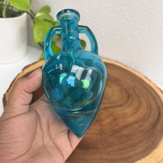 Amphora Glass Aqua Blue Oil Bottle Vinegar Oil Cruet 6" Tall