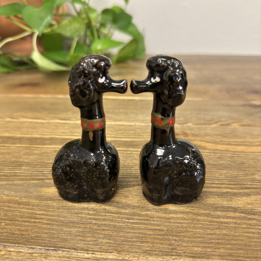 Vintage Kissing Poodle Dog Salt & Pepper Shakers 1960’s Black Red Long Neck