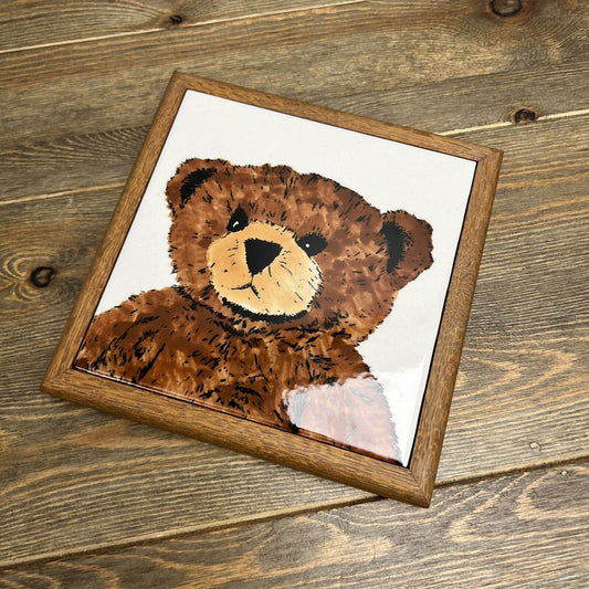 Vintage TEDDY BEAR TILE Trivet OAK Frame SIERRA WINDSONG Art Print 1985