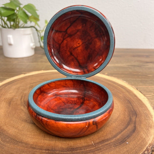 Genuine Red Alabaster Hand Carved Round Trinket Box Made In Italy