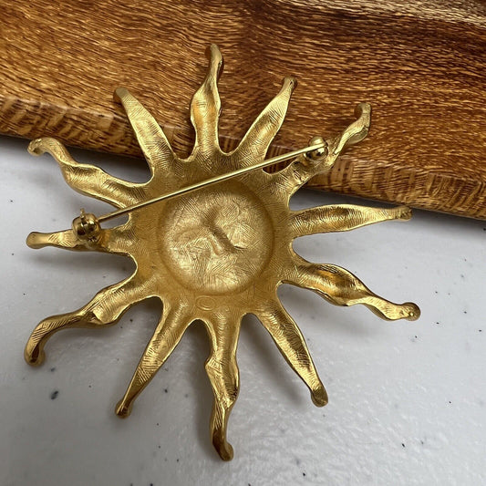 Vtg Anne Klein Sun Brooch Large Matte Gold tone celestial Pin Designer Runway