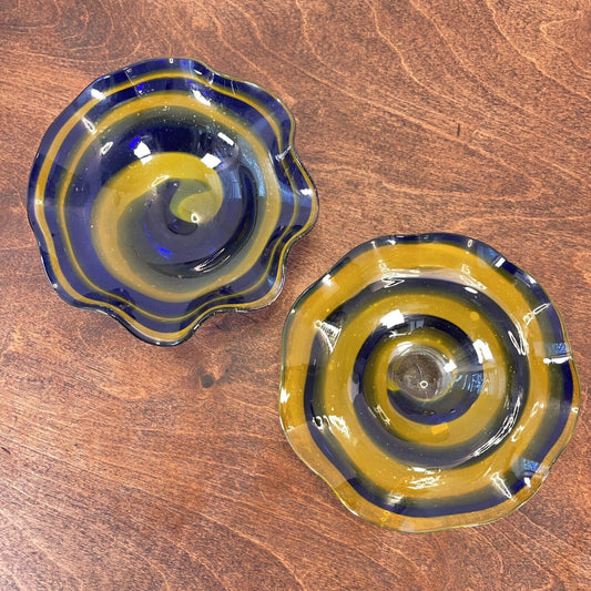 Glass Artist, BLOWING  Glass  Candy Dish Set Blue & Yellow