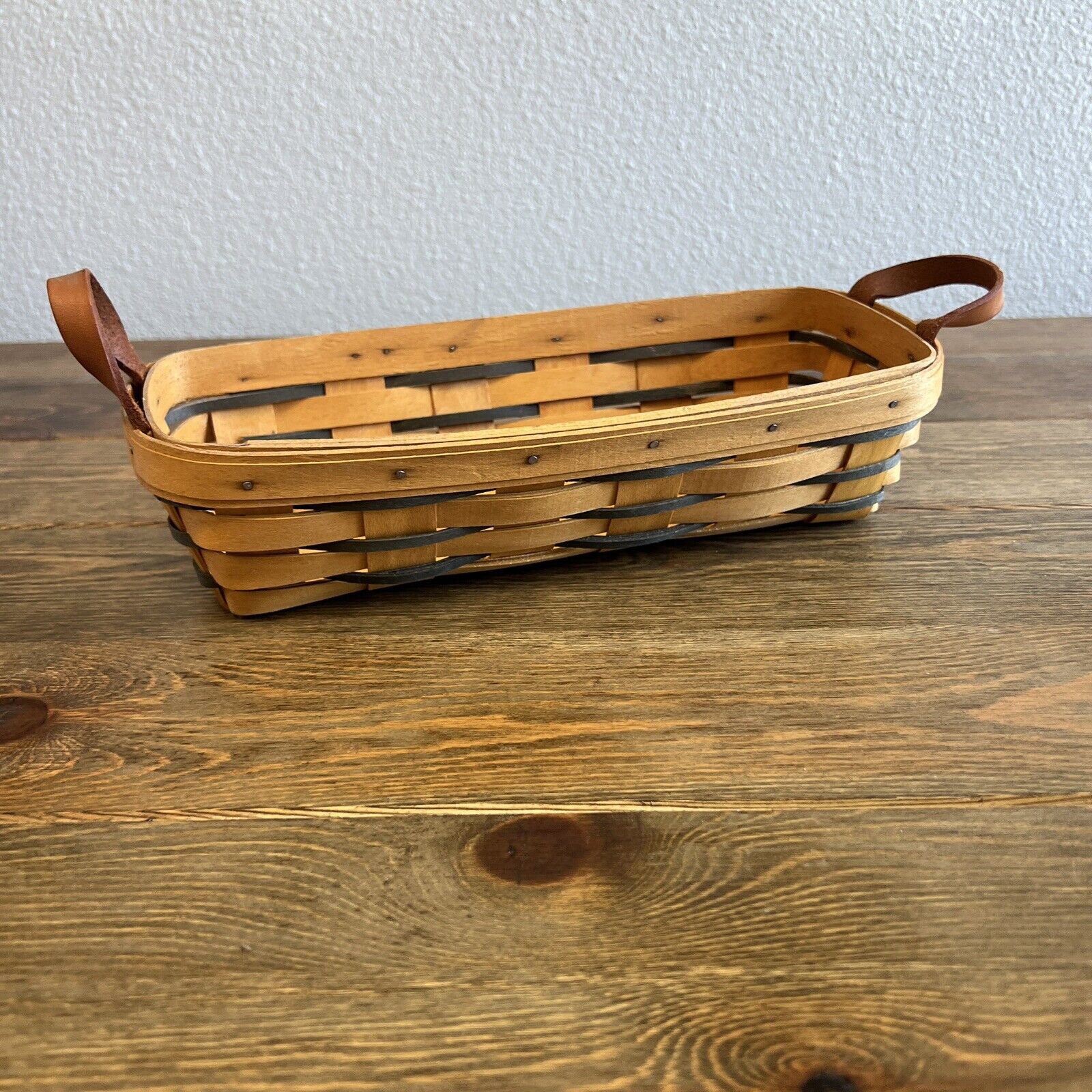 LONGABERGER BASKET Rectangular Handwoven 1998 Weave Wood Handles Brown Green