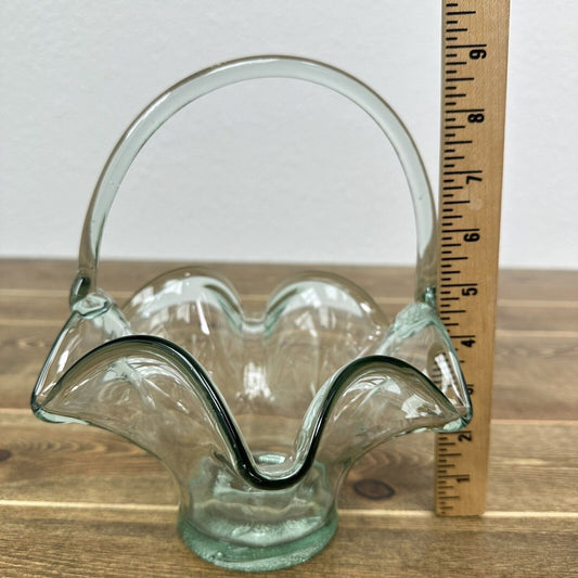 Vintage Hand Blown Art Glass Clear Green Basket with Clear Applied Handle 8.5"