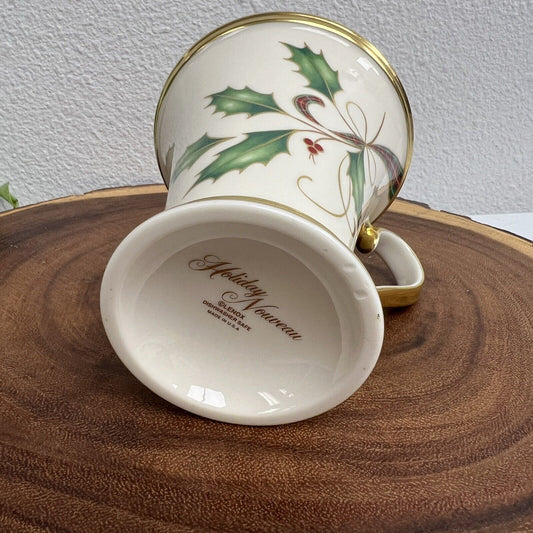 LENOX Holiday Nouveau Gold Accent Mug 4.5" Tall Holly Leaves/Berries Made in USA