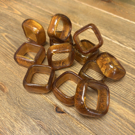 12 Vintage Amber Carmel Golden Iridescent Glass Rings Napkin Ring Holders Square