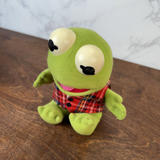 1987 Baby Kermit The Frog 7" Stuffed Plush Vtg. Toy Plaid vest No Hat