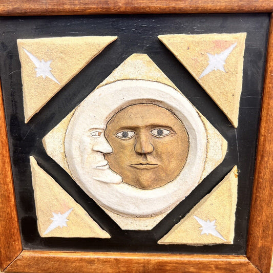 Sun and Moon Pottery Framed Handpainted Art Tile Signed RSR 1989 Vintage 8"x8"