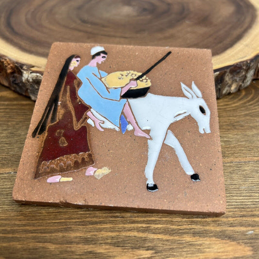 Vintage Ceramic Spain Art Tile - Women & Donkey - 4”x4”