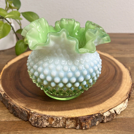 Fenton Vintage Green Hobnail Ruffled Rose Bowl Vase Glass